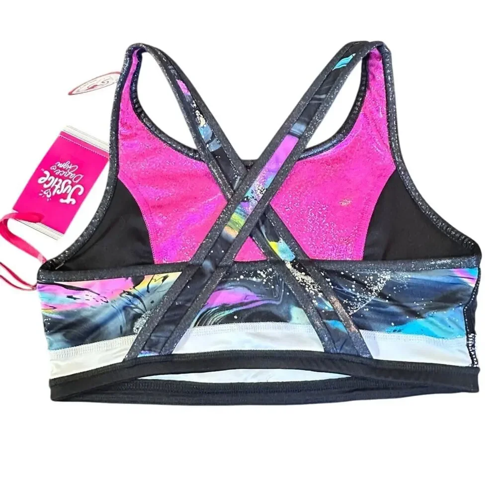 Justice dance dancewear reversible crop top CXL NWT pink black gym bra 16/18